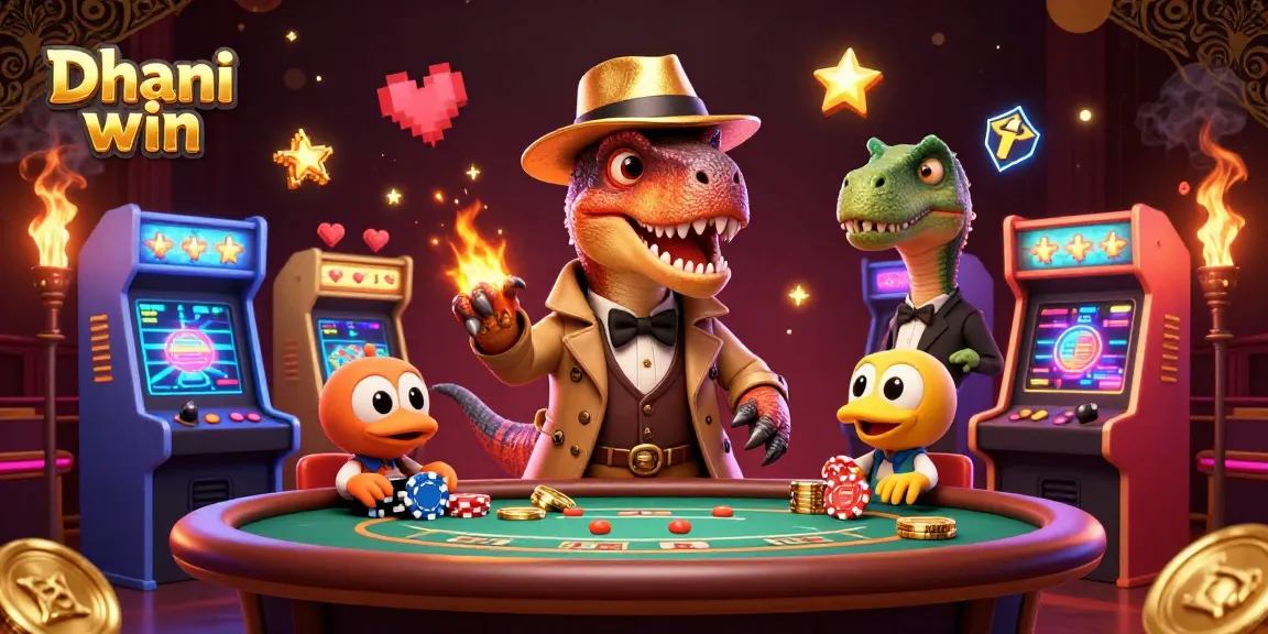 Dhani win captures a thrilling blackjack scene as velociraptor, stegosaurus, and compy characters engage in a lively casino atmosphere.