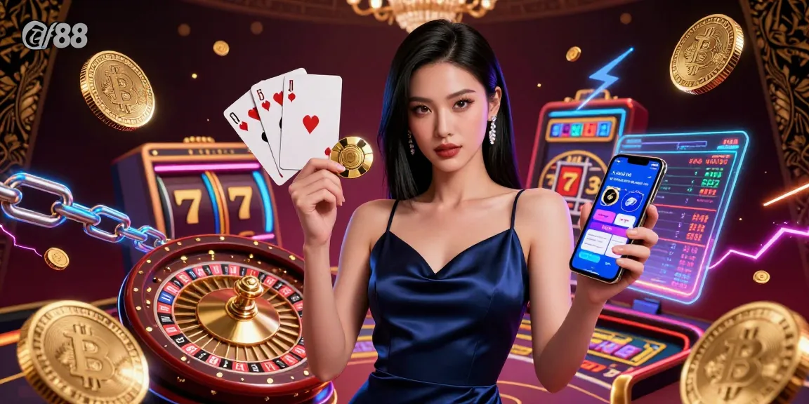 Engage with af88's exciting casino world, showcasing a stunning woman with chips and a smartphone amidst vibrant gaming elements.
