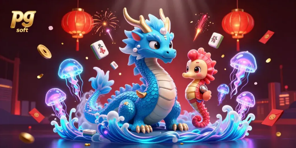 Permainan mahjong menyenangkan pg soft dengan naga, kuda seahorse, dan ubur-ubur neon.