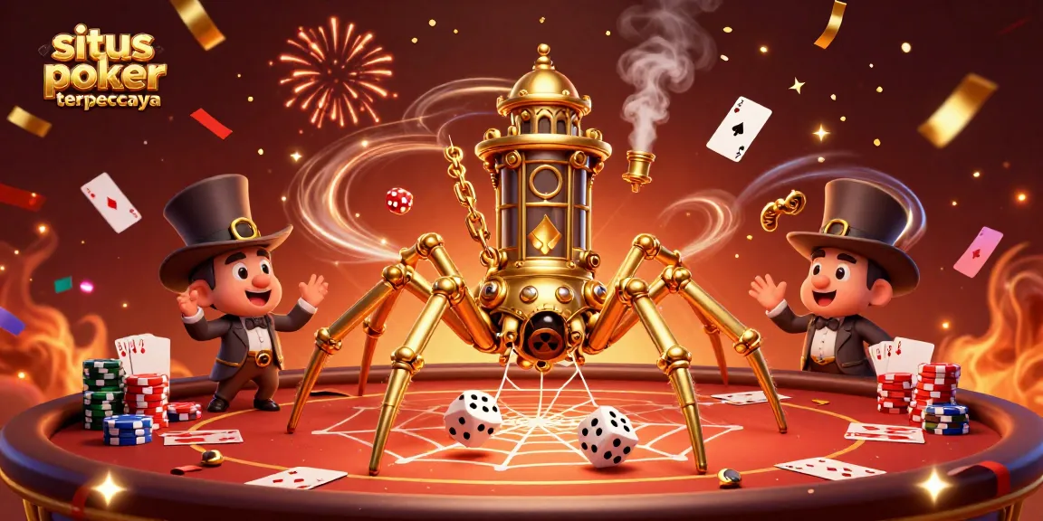 Situs poker terpercaya showcases exciting poker elements with an engaging steampunk spider illustration.