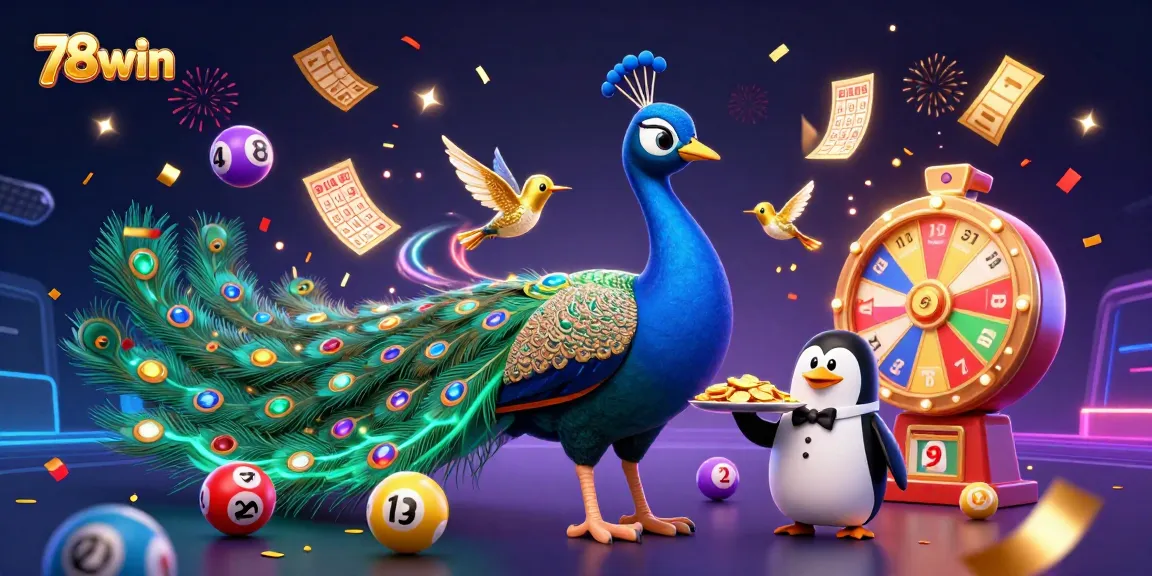 Spin and win at 78win with vibrant lottery balls, a dazzling peacock, and festive casino elements.