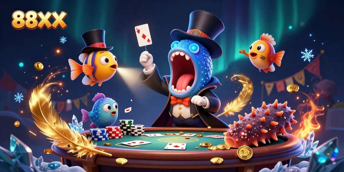 Experience thrilling card tricks at 88XX online casino with energetic gambling elements surrounding magical sea creatures.