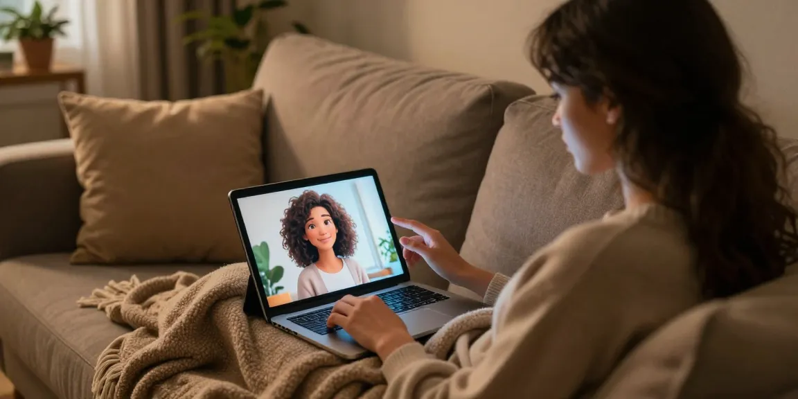 Engaging with an AI girlfriend on a cozy couch, showcasing digital companionship.