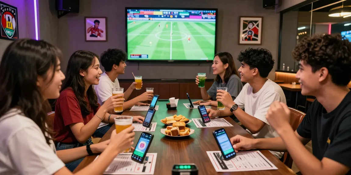 Exciting moment of friends celebrating a winning Taruhan Mix Parlay Bola88 in a stylish sports lounge.