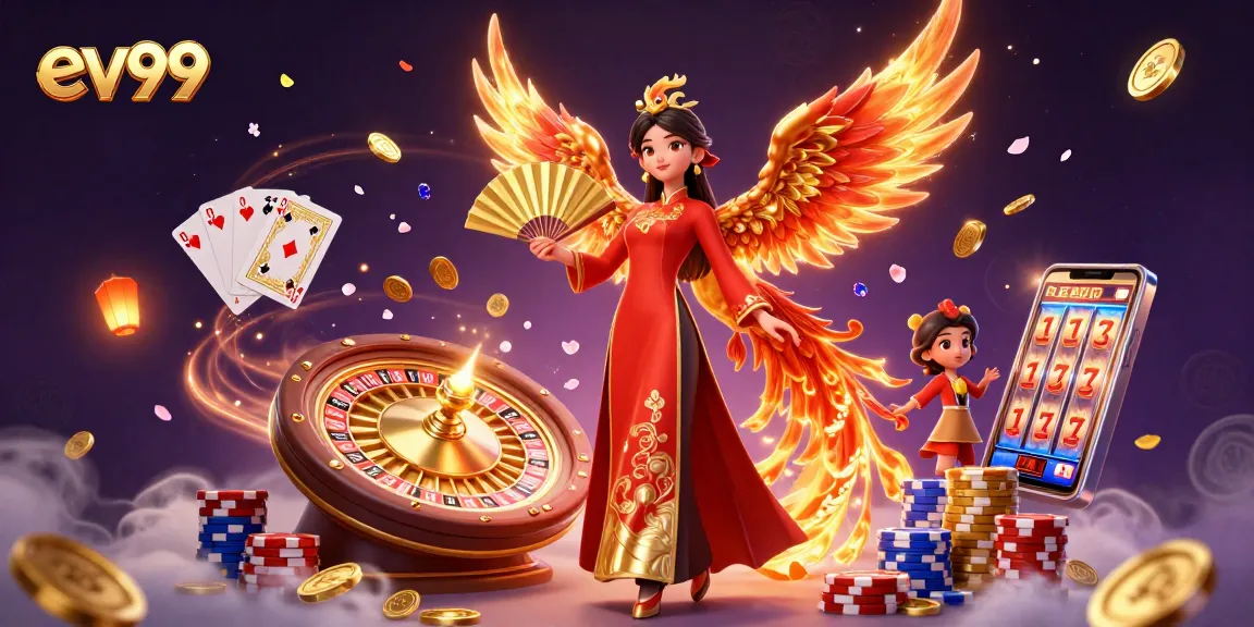 Experience thrilling gameplay at ev99 with a mesmerizing scene of a Vietnamese ao dai beauty and phoenix.