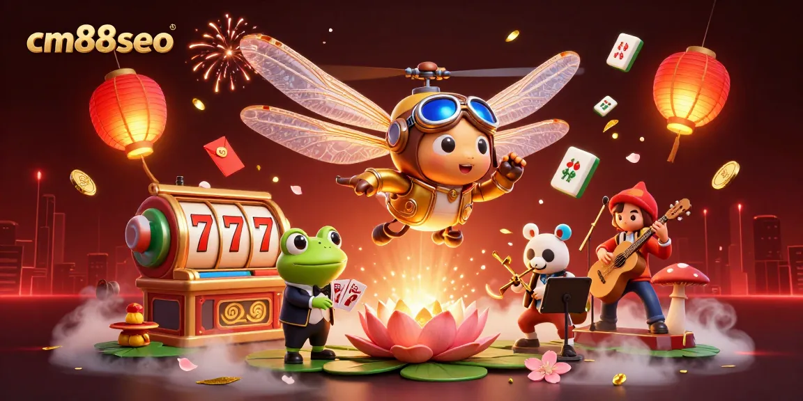 Engage with cm88seo's vibrant casino scene featuring a dragonfly pilot and card-dealing frog in action.