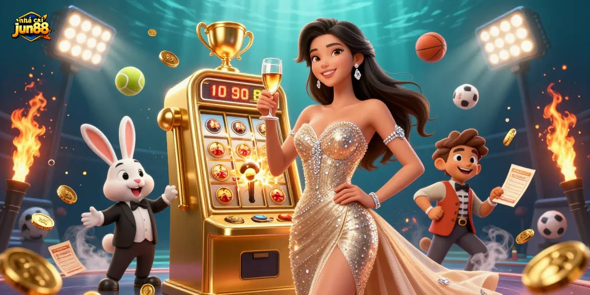 Experience the excitement of nhà cái jun88 with vibrant casino characters and dynamic sports elements.